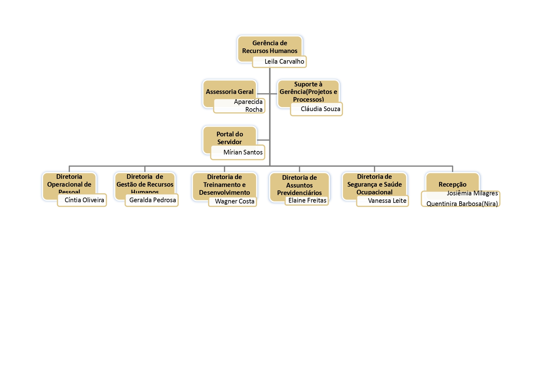 Estrutura Organizacional da Gerência de Recursos Humanos em retângulos com a cor dourada claro de fundo. O primeiro nível é a Gerência de Recursos Humanos e Leila Carvalho como gerente e o segundo nível com as cinco supervisões. Da esquerda para a direita temos: DIRETORIA de Recursos Humanos supervisora Geralda Onofre; DIRETORIA Operacional de Pessoal, supervisora Cíntia Oliveira; DIRETORIA de Segurança e Saúde Ocupacional, supervisora Vanessa Leite; DIRETORIA de Assuntos Previdenciários, supervisora Elaine Freita; DIRETORIA de Qualificação e Aperfeiçoamento, supervisor Wagner Costa.